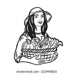 Farmer girl holding a basket of vegetables in her hands.Agriculture.Vector illustration.