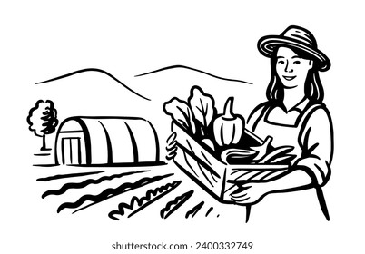 Farmer girl holding basket of vegetables. Agriculture