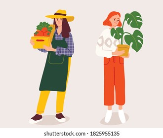Farmer girl holding box with fresh vegetables. Girl holding  monstera plant in a pot