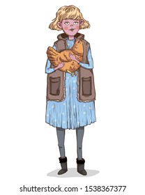 Farmer girl holding chicken in her hands. Cute cartoon character. Vector illustration