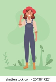 The farmer girl waves her hand. Vector illustration in a flat style.