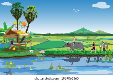 farmer go to paddy field vector design