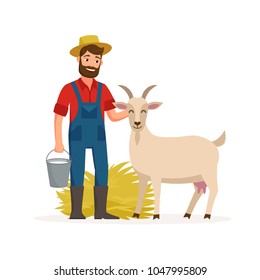 Farmer with goat and bucket with goat milk and hay. Farming concept vector illustration in flat design. Happy farmer and farm animal cartoon characters isolated on white background.