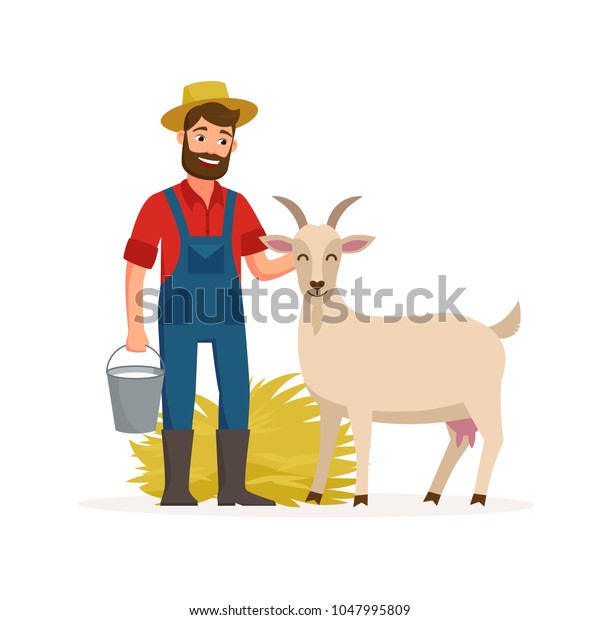 山羊と山羊の乳と干し草を入れたバケツを持つ農夫 フラットデザインの農業コンセプトベクターイラスト 白い背景に幸せな農家と農業動物の漫画のキャラクター のベクター画像素材 ロイヤリティフリー
