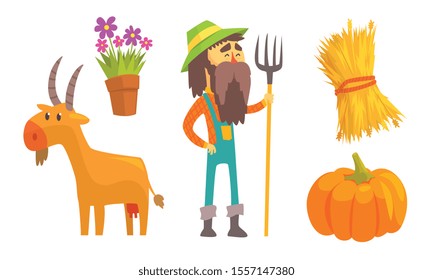 Farmer, goat and farm tools. Vector illustration.