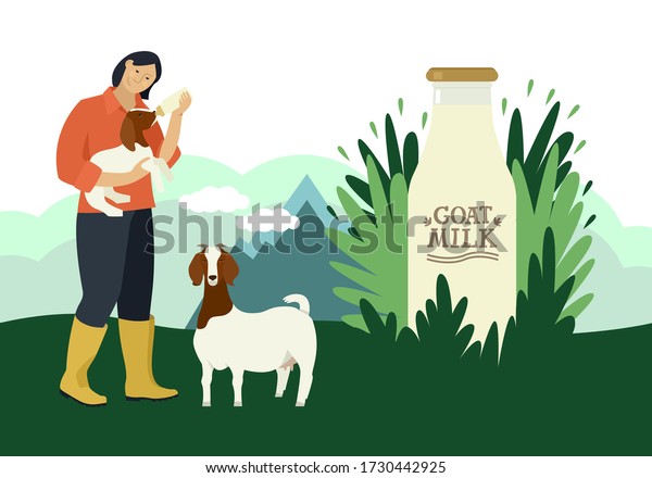 Farmer and goats Flat vector illustration Natural\
goat milk set