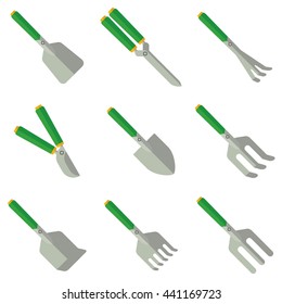 Farmer grass cutting equipment. Objects isolated on background. Flat and cartoon vector illustration.