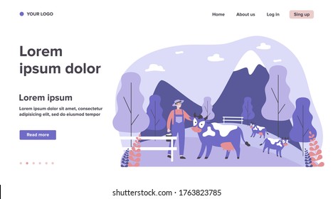 Farmer grazing cows. Pasture, cattle, bucket of milk flat vector illustration. Farming, agriculture, country life concept for banner, website design or landing web page