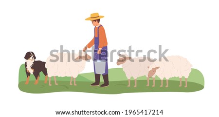 Farmer grazing domestic sheep with shepherd dog. Sheepman feeding ewes. Animal husbandry and stock raising. Colored flat vector illustration of herdsman isolated on white background