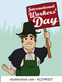 Farmer in a green uniform and hat in his farm ready to celebrate Workers' Day with a red banner.
