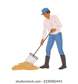 Farmer or groom rakes straw in barn or stable flat vector illustration isolated on white background. Agricultural work for the care and maintenance of animals.