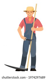 Farmer guy is standing. Young handsome cute boy wearing hat. Hay scythe. In uniform, overalls. Single. Cartoon flat style. Illustration is isolated on white background. Vector