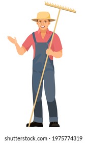 Farmer guy is standing. Young handsome cute boy wearing hat. Shows with his hand. In uniform, overalls. Rake. Cartoon flat style. Illustration is isolated on white background. Vector