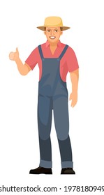 Farmer guy is standing. Young handsome cute boy wearing a hat. Shows like. Luck, quality. In uniform, overalls. Single. Cartoon flat style. The illustration is isolated on a white background. Vector