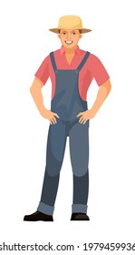 El tipo granjero está de pie. Joven y guapo chico con sombrero. Manos en las caderas. Suerte, calidad. Con uniforme, overoles. Solo. Caricatura de estilo plano. La ilustración está aislada en un fondo blanco. Vector