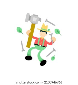 farmer and hammer craft cartoon flat design illustration