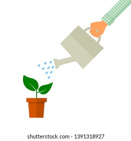 farmer hand holding a watering can watering plant in brown pot isolated on white background. vector Illustration.