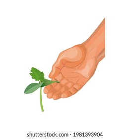 Farmer hand take care of young sprout. Growing plants. Environmental protection. Organic farming. Vector illustration isolated on white background