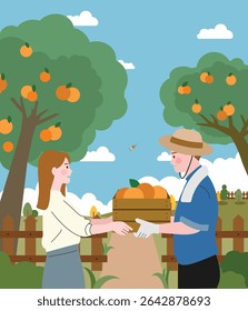 Bauer reicht frische Orangen an Kunden in Obstgarten