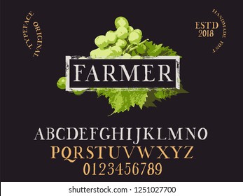 Farmer. Handmade serif font. Grapes. Vine. Black. Exclusive.