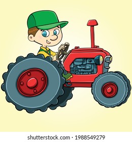 farmer happily driving a small red tractor