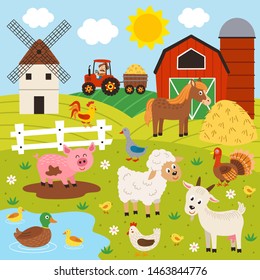 farmer and happy animal farm - vector illustration, eps    