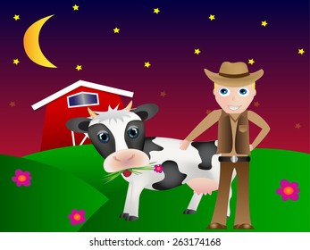 Farmer with happy cown on meadown in night with moon