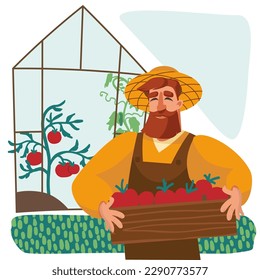 Farmer with harvest box. Plants growing in farm greenhouse. Glass orangery, hothouse. Vector illustration for flyer, cover design. Greenery, vegetables, seedlings