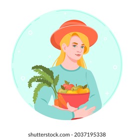 Farmer with harvest. Girl holds in her hands products that she herself has grown. National economy, salesman. Graphic element for book. Cartoon flat vector illustration isolated on white background