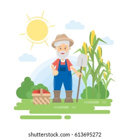 Farmer with harvest. Green landscape with corn and basket with vegetables. Old man with grey hair and beard.