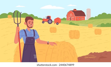 Farmer harvest hay on farm. Countryside nature scene. Vector illustration