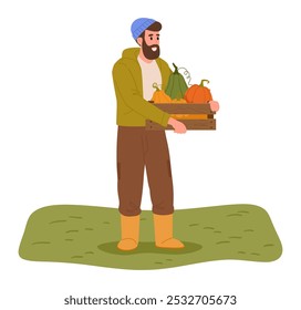 Farmer with harvest. Man carrying basket with fresh pumpkins, male character with squash crop flat vector illustration. Cartoon farm worker with harvesting crop