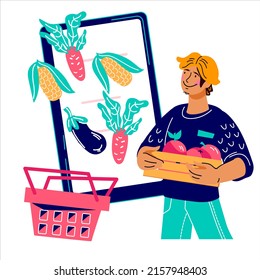 Farmer with harvest at mobile phone backdrop, flat cartoon vector illustration isolated on background. Farm food and agricultural market, online vegetarian store.