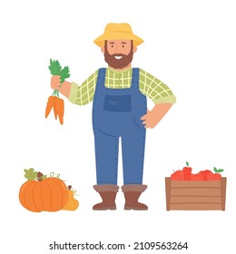 Farmer with harvest vegetables and fruit. Pumpkins, apples, carrots. 