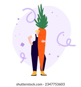Farmer with harvested vegetable. Flat vector illustration of a woman holding an oversized orange carrot. Person harvesting healthy organic plant from own garden. Fresh farm produce concept.