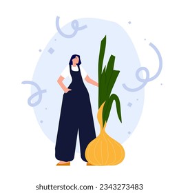 Farmer with harvested vegetables. Flat vector illustration of a woman holding an oversized onion. Person harvesting the garden greens. Garden and plant work concept. 