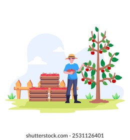Farmer Harvesting apples in basket flat vector background illustration. 