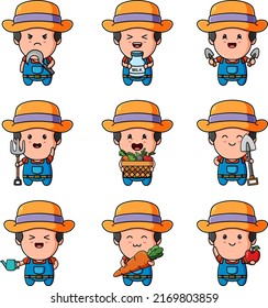 The farmer is harvesting the farm the mascot bundle set of illustration