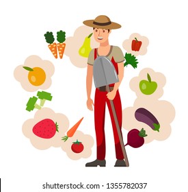 Farmer and Harvesting Flat Vector Illustration. Cartoon Man Holding Shovel with Vegetables, Veggies, Fruits, Berries. Harvest Season in Agricultural Industry. Eco Food, Green Produce, Organic Products