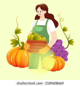 Farmer harvesting fruits in autumn, late autumn season landscape, vector illustration