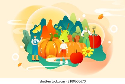 Farmer harvesting fruits in autumn, late autumn season landscape, vector illustration