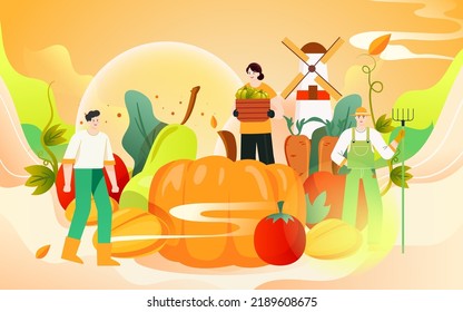 Farmer harvesting fruits in autumn, late autumn season landscape, vector illustration