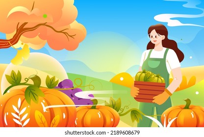 Farmer harvesting fruits in autumn, late autumn season landscape, vector illustration