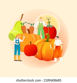 Farmer harvesting fruits in autumn, late autumn season landscape, vector illustration