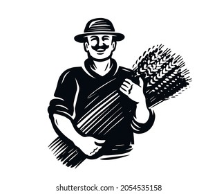Farmer harvesting wheat. Agriculture, farm emblem. Bakery logo vector illustration
