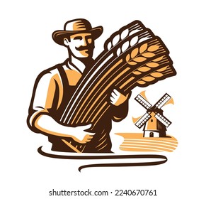 Farmer harvesting wheat from the field. Bread , flour for baking emblem or logo. Farm organic food concept vector