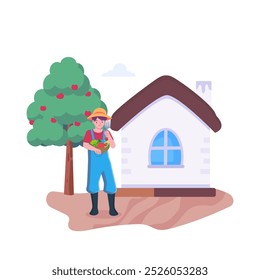 The farmer harvests apples, Flat cartoon vector illustration.
