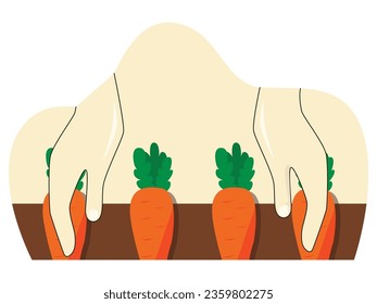 Los granjeros cosechan recién, tirando las manos de las zanahorias del suelo. Agricultura vegetal orgánica. Diseño de caracteres. Ilustración plana del vector