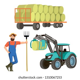 the farmer harvests hay with a tractor with a loader
