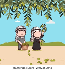 Farmer harvests Olives from a tree on a farm wearing a Keffiyeh scarf in Palestine